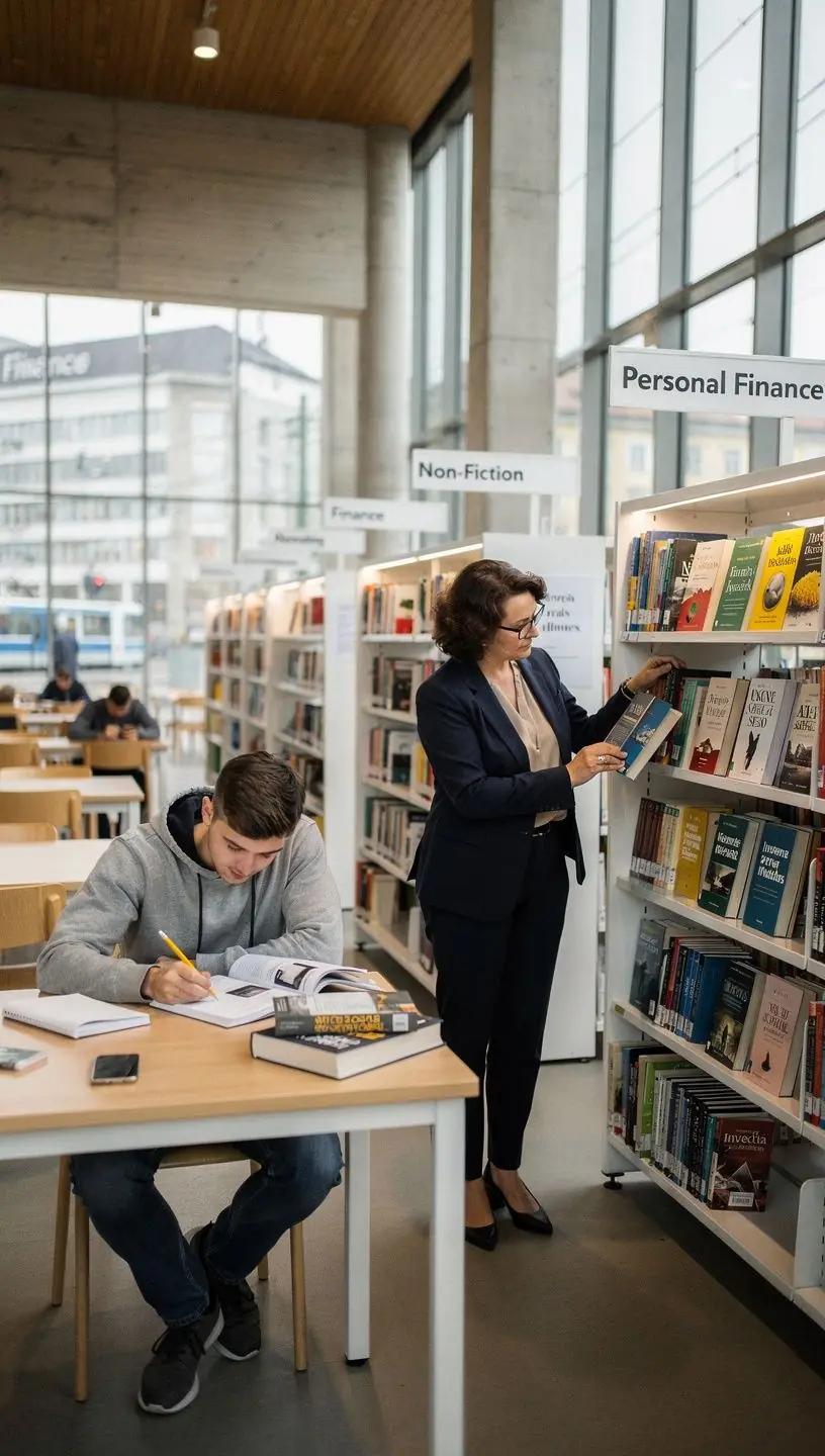 Kniha o osobních financích ležící na stole vedle šálku kávy a zápisníku.